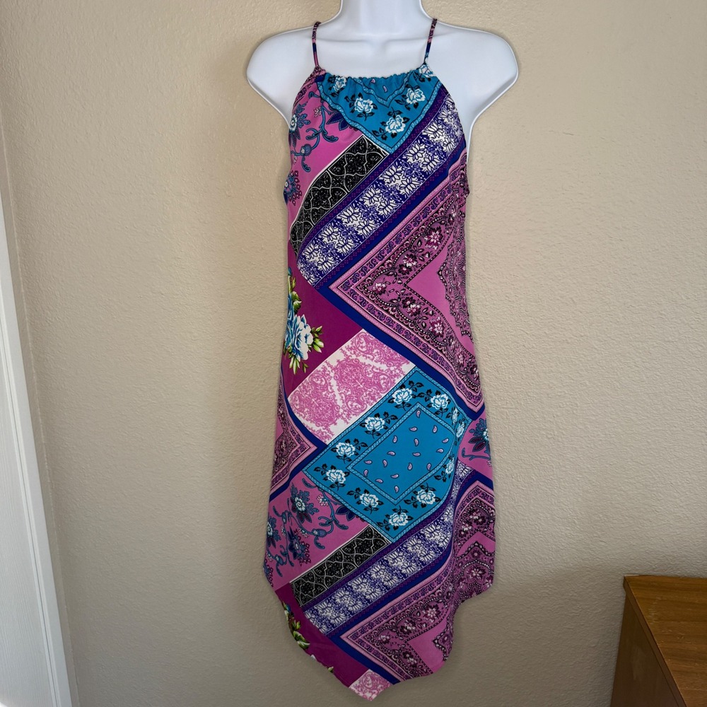 Vintage Y2K Pink Boho Scarf Print Halter Handkerchief Dress‎ Juniors Large 11/13